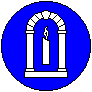 A blue field with a white arch surrounding a white candle, indicating the Office of Arts & Sciences.