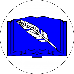 A white field with an open blue book and a white quill across it, indicating the Office of Social Media.