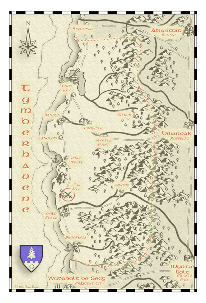 A medieval style map showing the area from Reedsport to Brookings on the West and Eugene (Barony of Adiantum) to Roseburg (Shire of Briaroak) and Grants Pass (Shire of Myrtle Holt) to the West.
