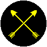 A black field, two gold arrows crossed, pointing upwards, indicating the Archery Marshal.